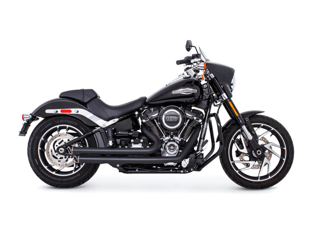 Independence Staggered Slash Exhaust - Black with Black End Caps. Fits Softail 2018up with Non-240 Rear Tyre