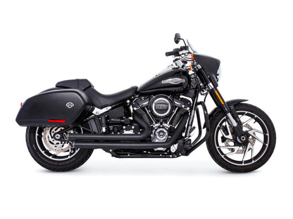 Independence Staggered Slash Exhaust - Black with Black End Caps. Fits Softail 2018up with Non-240 Rear Tyre