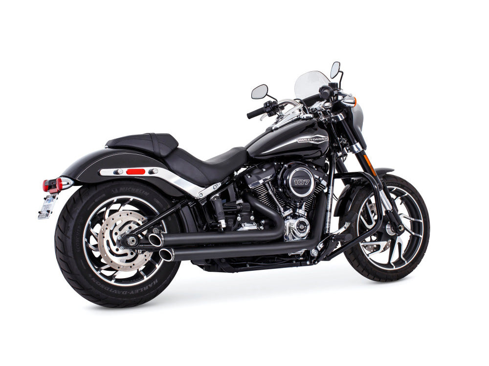 Independence Staggered Slash Exhaust - Black with Black End Caps. Fits Softail 2018up with Non-240 Rear Tyre