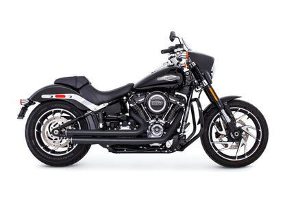 Independence Staggered Exhaust - Black with Chrome End Caps. Fits Softail 2018up with Non-240 Rear Tyre