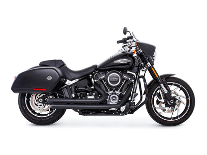 Independence Staggered Exhaust - Black with Chrome End Caps. Fits Softail 2018up with Non-240 Rear Tyre