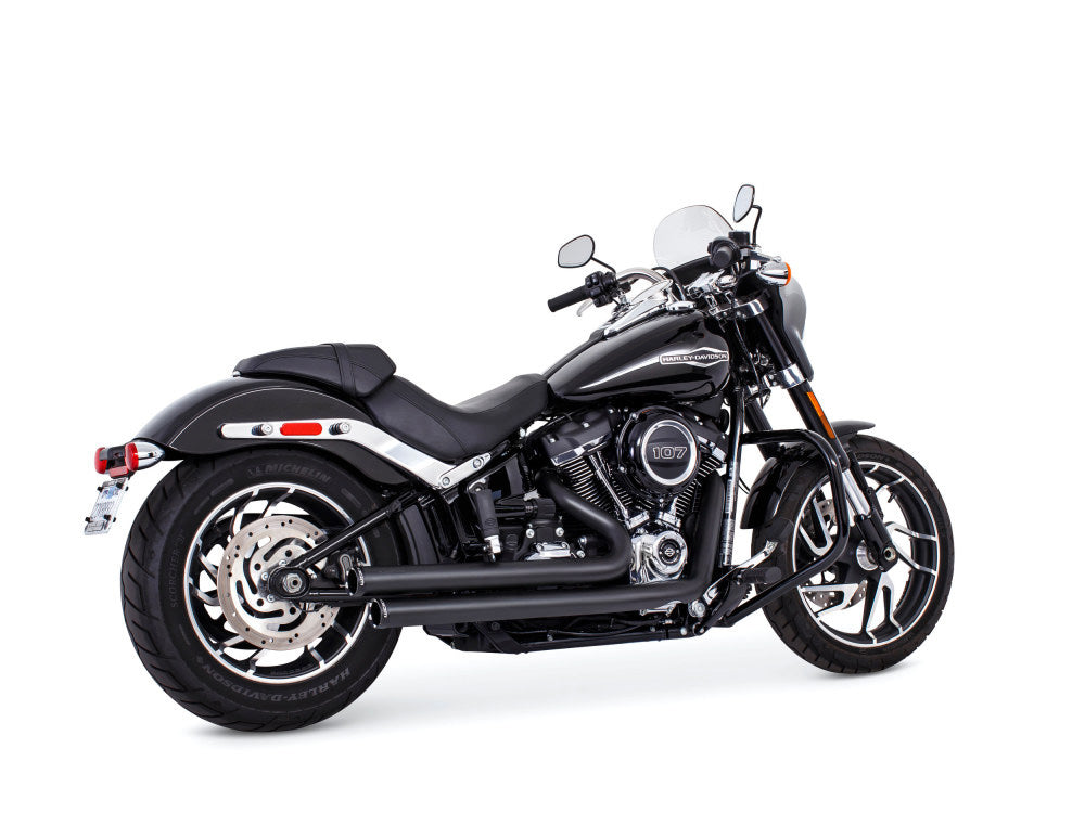 Independence Staggered Exhaust - Black with Chrome End Caps. Fits Softail 2018up with Non-240 Rear Tyre