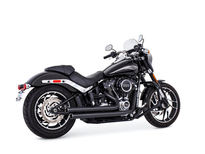 Independence Staggered Exhaust - Black with Chrome End Caps. Fits Softail 2018up with Non-240 Rear Tyre
