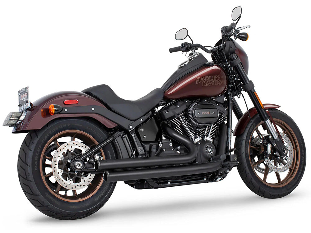 Independence Staggered Exhaust - Black with Chrome End Caps. Fits Softail 2018up with Non-240 Rear Tyre