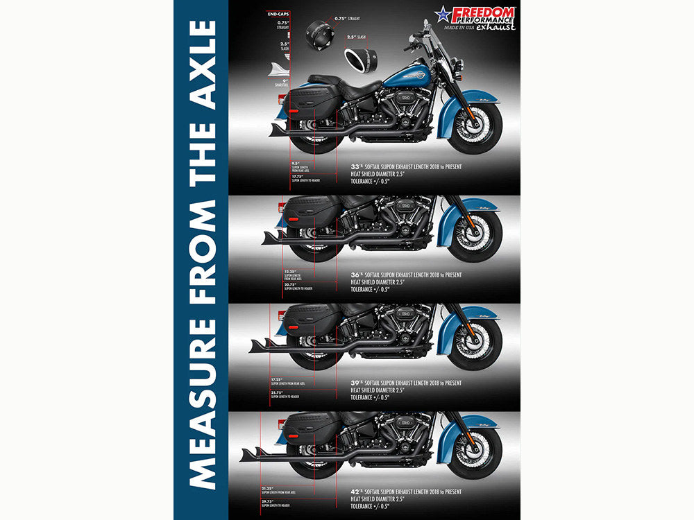 36in. True Dual SharkTail Exhaust - Black. Fits Softail 2018up.