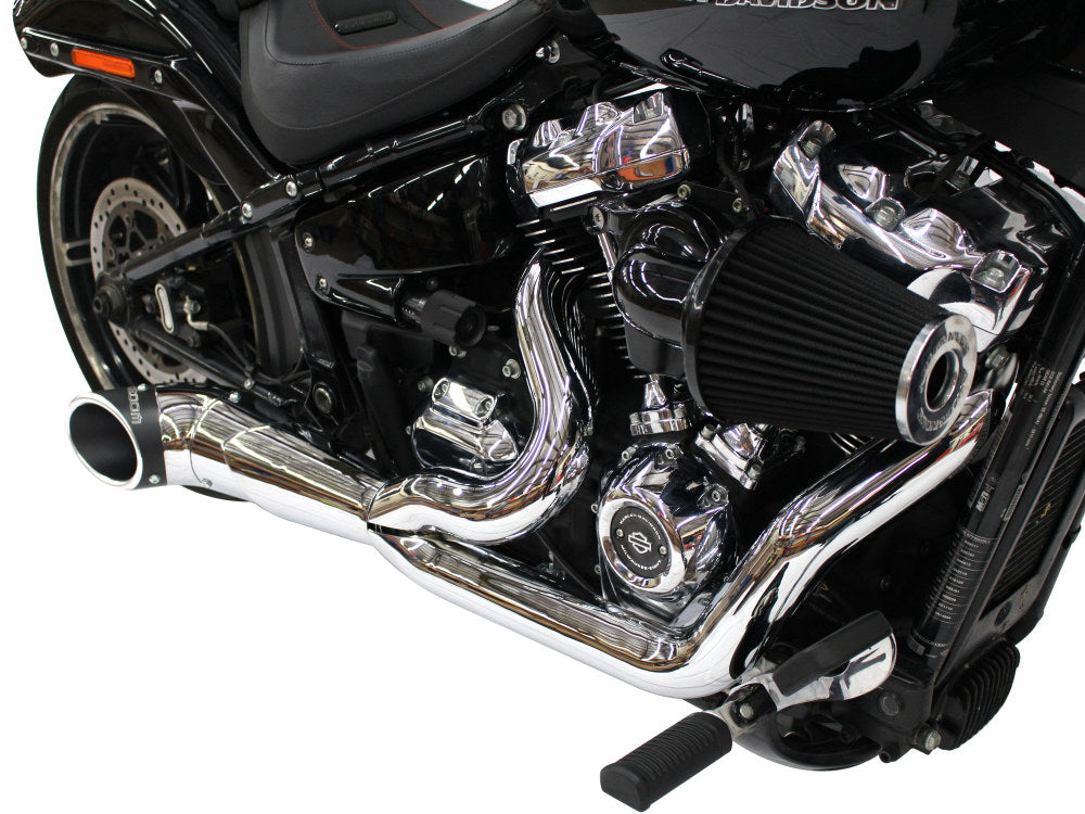 Turnout 2-into-1 Exhaust - Chrome with Black End Cap. Fits Softail 2018up.