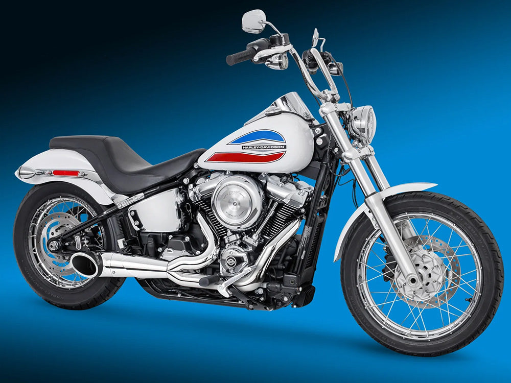 Turnout 2-into-1 Exhaust - Chrome with Black End Cap. Fits Softail 2018up with Non-240 Rear Tyre