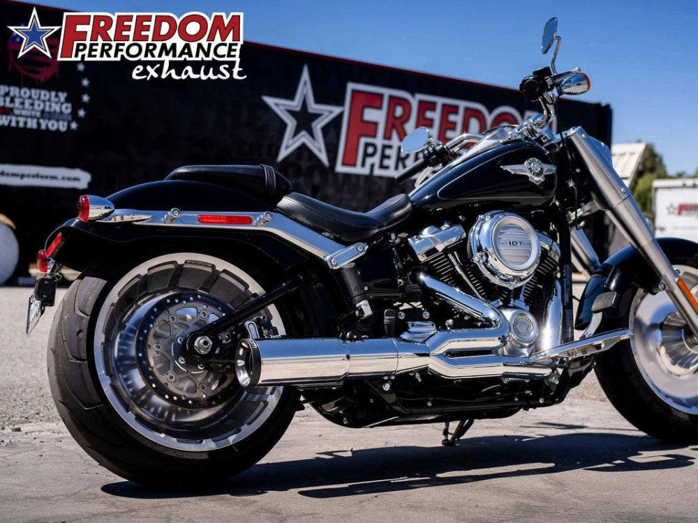 2-into-1 Two Step Exhaust - Chrome with Black End Cap. Fits Softail Breakout & Fatboy 2018up with 240 Tyre.