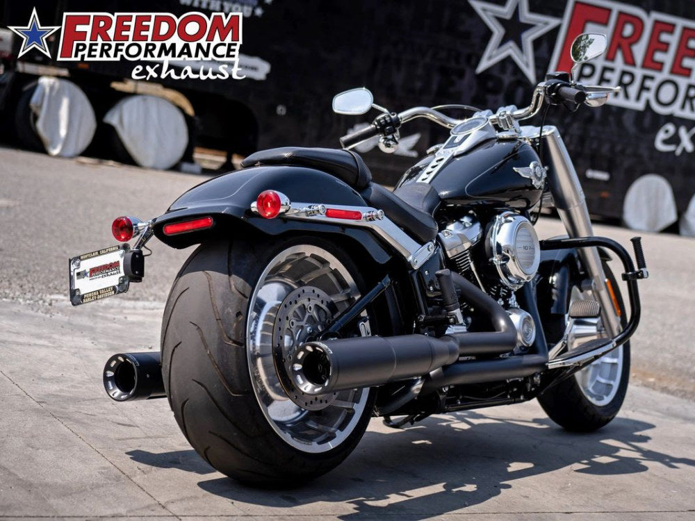 4.5in. Two-Step True Dual Exhaust - Black with Contrast Cut Black End Caps. Fits Softail Breakout & Fatboy 2018up with 240 Tyre.