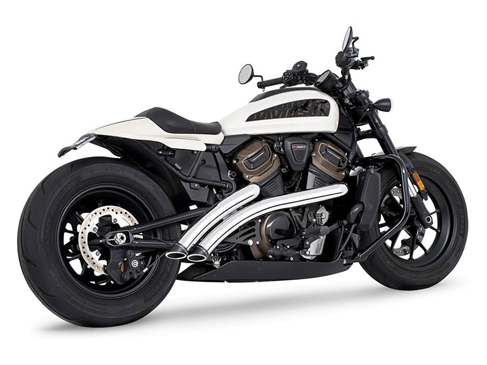 Radical Radius Exhaust - Chrome with Black End Caps. Fits Sportster S 2021-2023