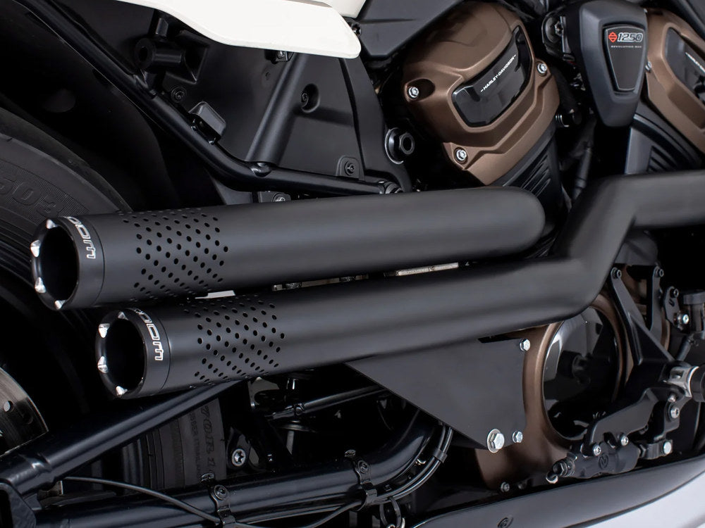 Independence Perforated High Exhaust - Black with Black End Caps. Fits Sportster S 2021-2023