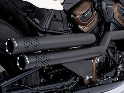 Independence Perforated High Exhaust - Black with Black End Caps. Fits Sportster S 2021-2023