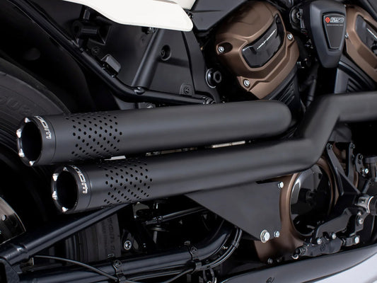 Independence Perforated High Exhaust - Black with Black End Caps. Fits Sportster S 2021-2023