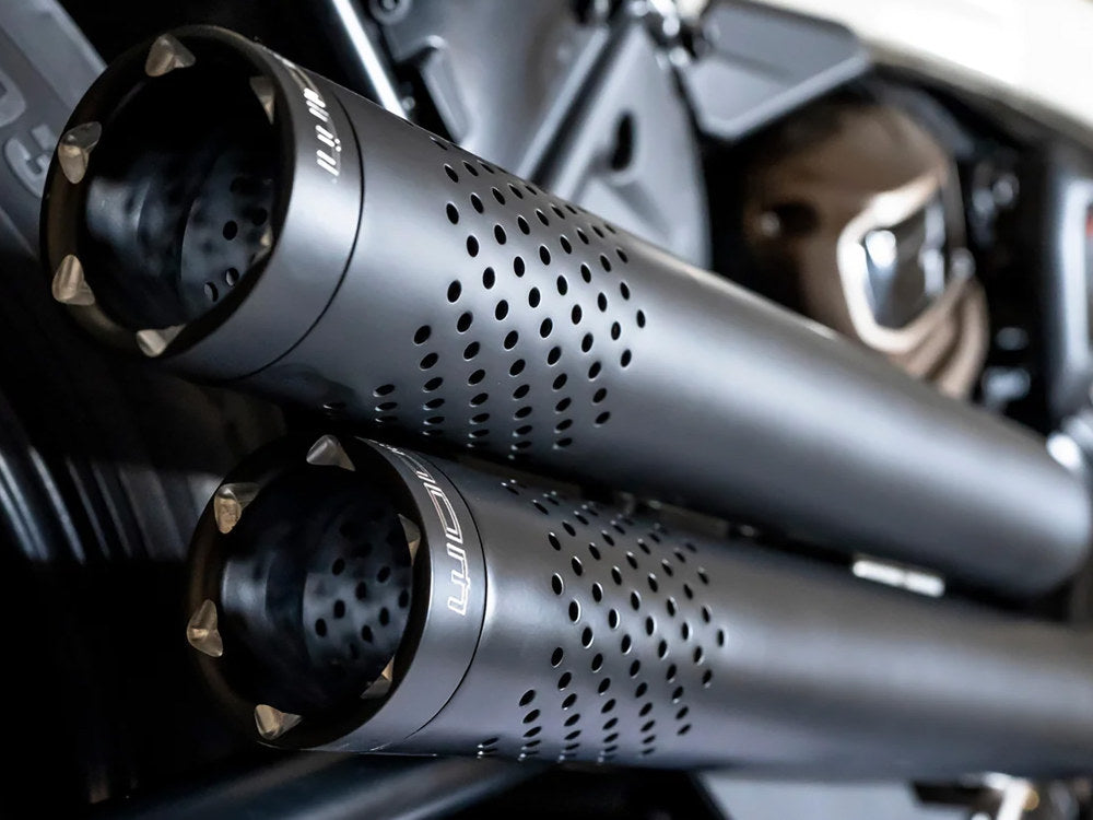 Independence Perforated High Exhaust - Black with Black End Caps. Fits Sportster S 2021-2023