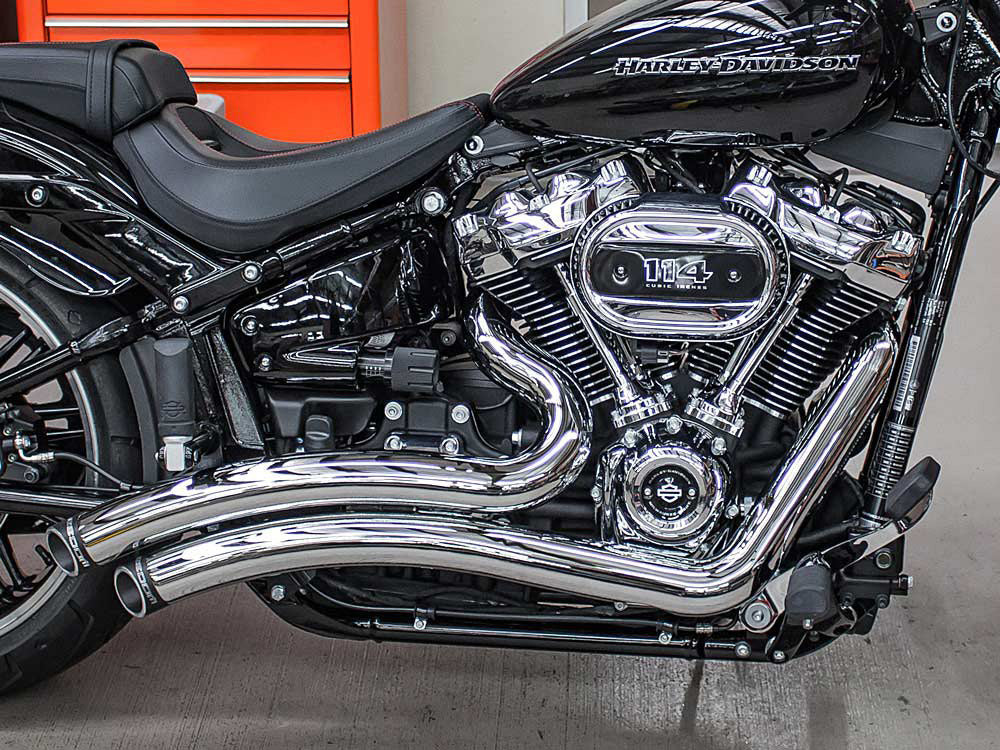 Sharp Curve Radius Exhaust - Chrome with Black End Caps. Fits Softail Breakout & Fat Boy 2018up
