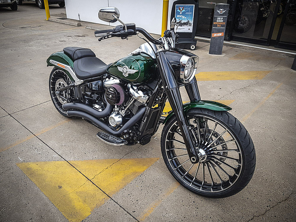Sharp Curve Radius Exhaust - Black with Black End Caps. Fits Softail Breakout & Fat Boy 2018up