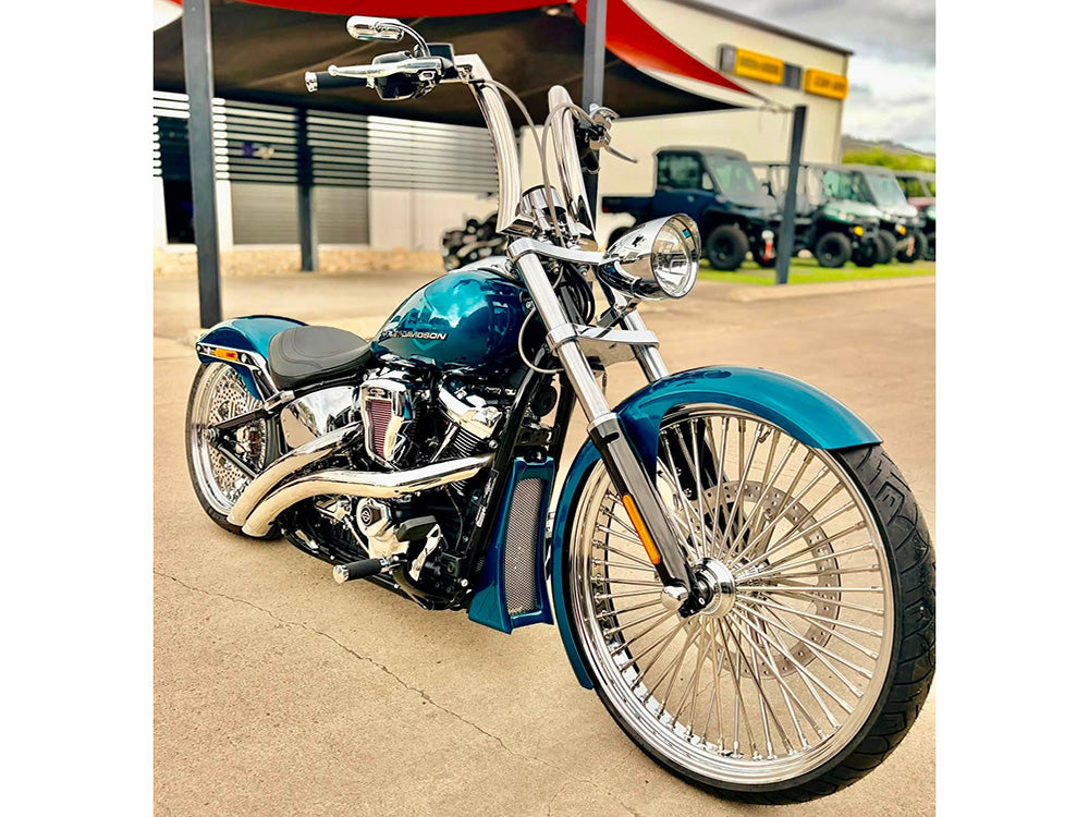 Radical Radius Exhaust - Chrome with Chrome End Caps. Fits Softail Breakout & Fat Boy 2018up