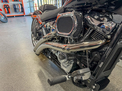 Radical Radius Exhaust - Chrome with Black End Caps. Fits Softail Breakout & Fat Boy 2018up