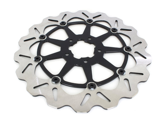 13in. Front Wave Floating Disc Rotor with Black Carrier. Fits most Big Twin 2000up when Using Special 6 Piston Caliper.
