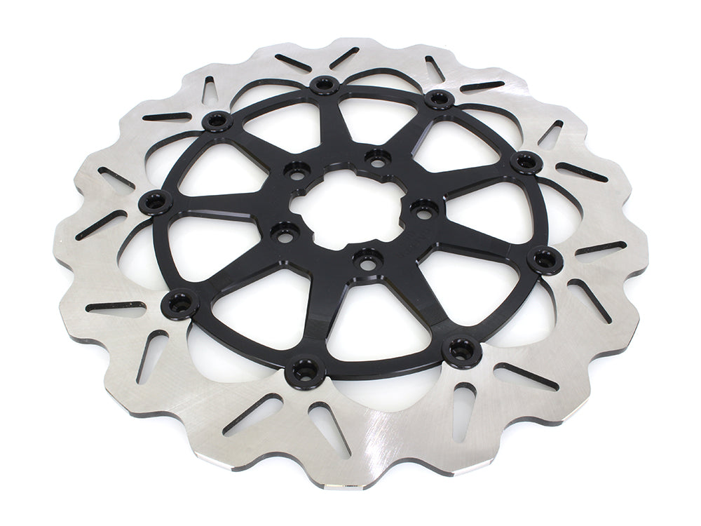 13in. Front Wave Floating Disc Rotor with Black Carrier. Fits most Big Twin 2000up when Using Special 6 Piston Caliper.