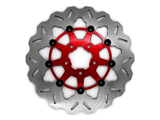 11.8in. Front Wave Floating Disc Rotor with Red Carrier. Fits Dyna 2006-2017, Softail 2015up, Sportster 2014-2021 & Some Touring 2008-2023