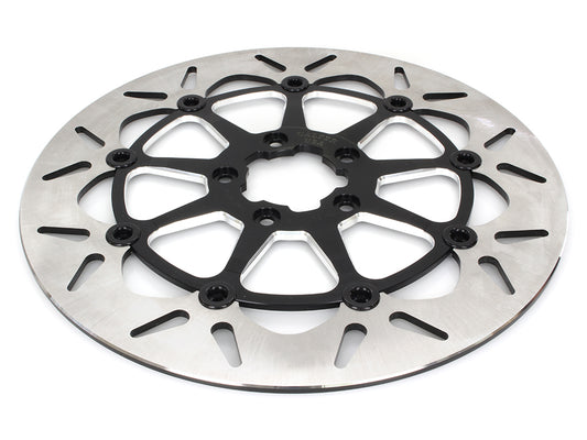 13in. Front Round Floating Disc Rotor with Contrast Cut Carrier. Fits most Big Twin 2000up when upgrading to 13in. x 6 Piston Caliper.