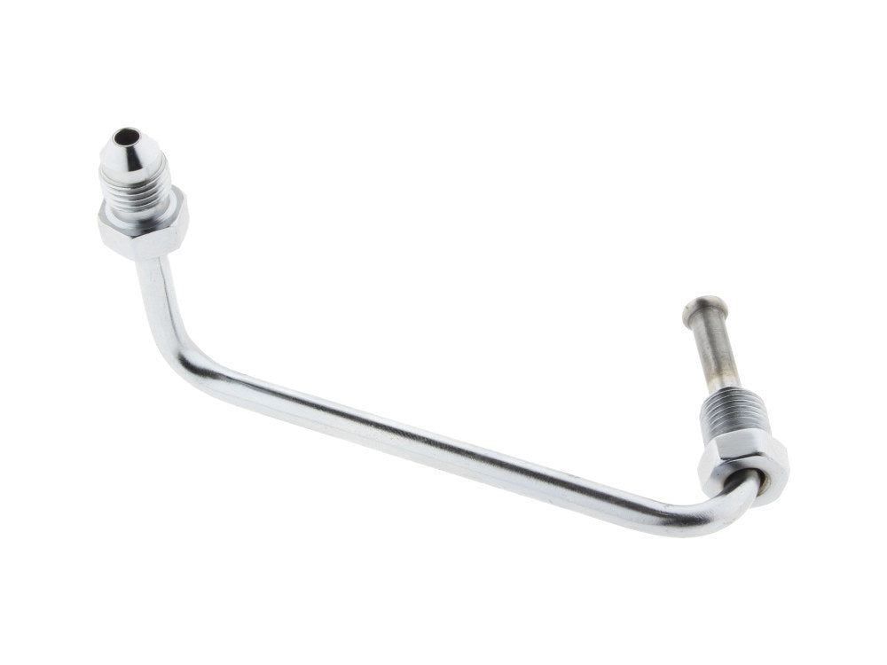 Brake Line S-Bend Adapter. Fits on the Front Triple Tree T-piece when using Braided Brake lines. AN3 Male x 3/8in.-24 Inverted Flare Male.
