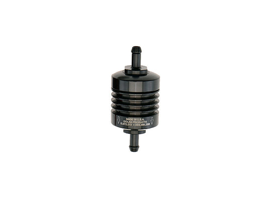 Washable Mini Inline Fuel Filter. 5/16in. Hose x 1.5in. long. Black Billet Aluminium.