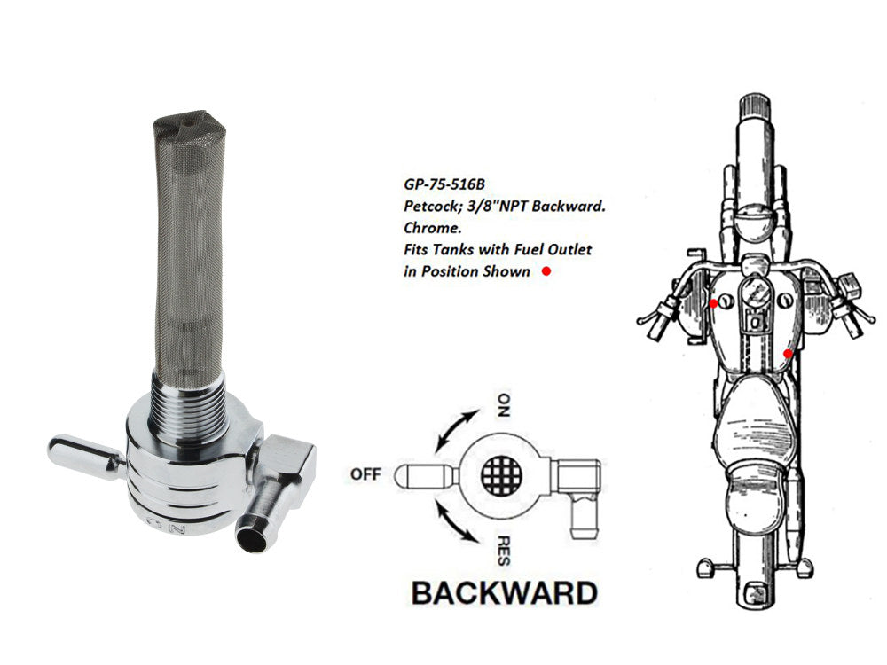 High-Flow Fuel Tap / Petcock with 3/8in. NPT Thread & 5/16in. Backward Facing Fuel Outlet - Chrome
