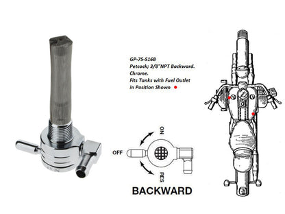 High-Flow Fuel Tap / Petcock with 3/8in. NPT Thread & 5/16in. Backward Facing Fuel Outlet - Chrome