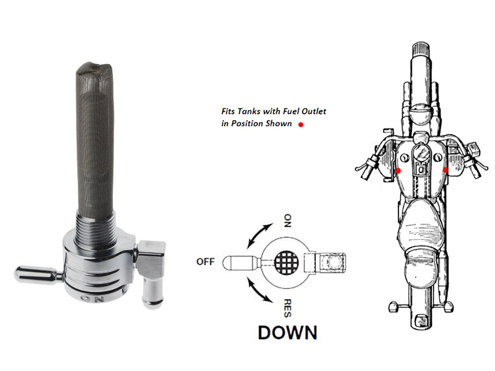 High-Flow Fuel Tap / Petcock with 3/8in. NPT Thread & 5/16in. Downward Facing Fuel Outlet - Chrome