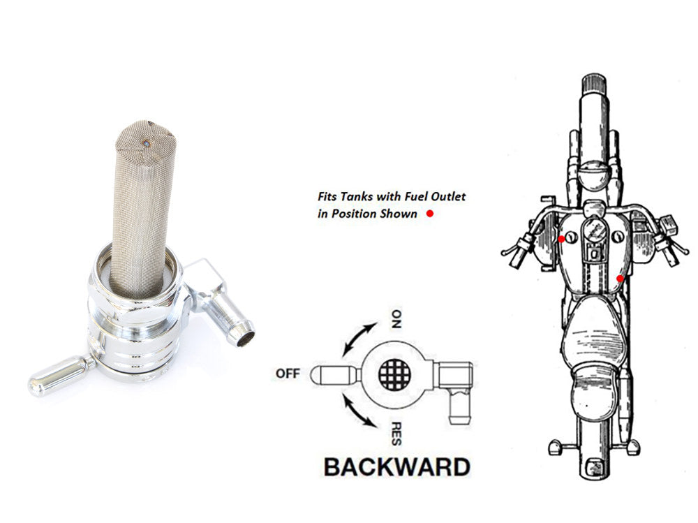 High-Flow Fuel Tap / Petcock with 22mm Thread & 5/16in. Backward Facing Fuel Outlet - Chrome. Fits Softail 1984-2006, Dyna 1991-2006, FXR 1982-1994, Touring 1988-2006, Sportster 1975-2006 & 4Spd Big Twin 1975-1986