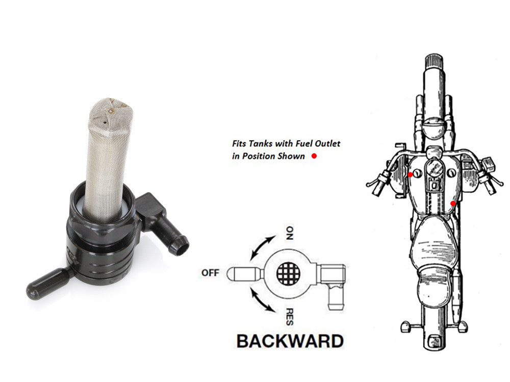 High-Flow Fuel Tap / Petcock with 22mm Thread & 5/16in. Backward Facing Fuel Outlet - Black. Fits Softail 1984-2006, Dyna 1991-2006, FXR 1982-1994, Touring 1988-2006, Sportster 1975-2006 & 4Spd Big Twin 1975-1986
