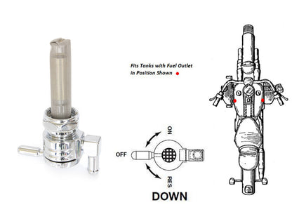 High-Flow Fuel Tap / Petcock with 22mm Thread & 5/16in. Downward Facing Fuel Outlet - Chrome. Fits Softail 1984-2006, Dyna 1991-2006, FXR 1982-1994, Touring 1988-2006, Sportster 1975-2006 & 4Spd Big Twin 1975-1986