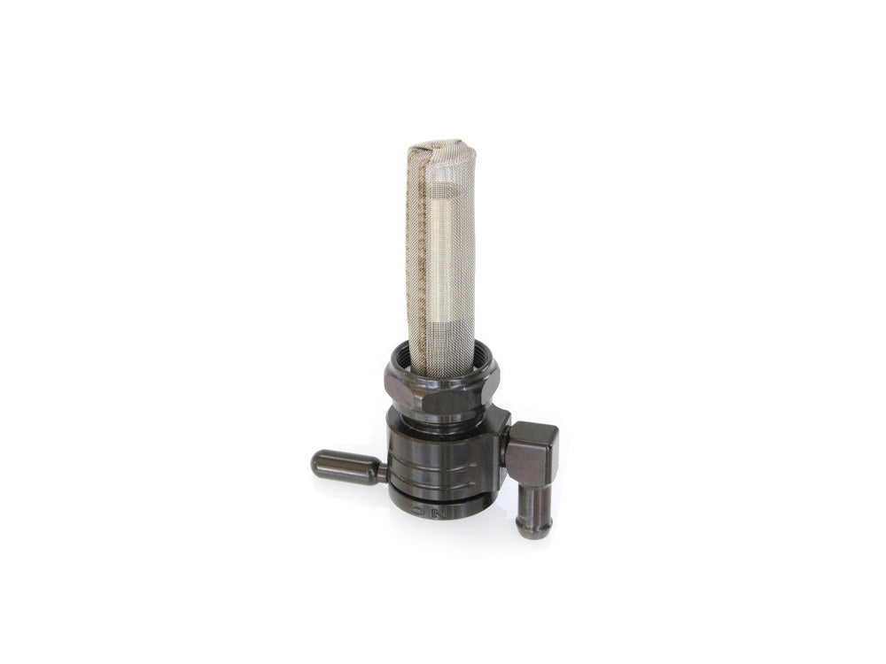 High-Flow Fuel Tap / Petcock with 22mm Thread & 5/16in. Downward Facing Fuel Outlet - Black. Fits Softail 1984-2006, Dyna 1991-2006, FXR 1982-1994, Touring 1988-2006, Sportster 1975-2006 & 4Spd Big Twin 1975-1986