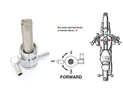 High-Flow Fuel Tap / Petcock with 22mm Thread & 5/16in. Forward Facing Fuel Outlet - Chrome. Fits Softail 1984-2006, Dyna 1991-2006, FXR 1982-1994, Touring 1988-2006, Sportster 1975-2006 & 4Spd Big Twin 1975-1986