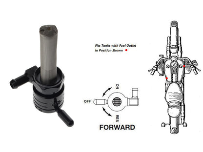 High-Flow Fuel Tap / Petcock with 22mm Thread & 5/16in. Forward Facing Fuel Outlet - Black. Fits Softail 1984-2006, Dyna 1991-2006, FXR 1982-1994, Touring 1988-2006, Sportster 1975-2006 & 4Spd Big Twin 1975-1986