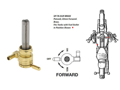 High-Flow Fuel Tap / Petcock with 22mm Thread & 5/16in. Forward Facing Fuel Outlet - Brass. Fits Softail 1984-2006, Dyna 1991-2006, FXR 1982-1994, Touring 1988-2006, Sportster 1975-2006 & 4Spd Big Twin 1975-1986