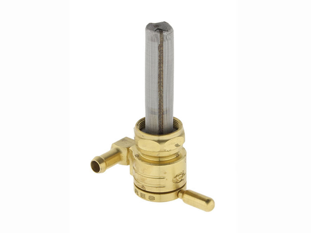 High-Flow Fuel Tap / Petcock with 22mm Thread & 5/16in. Forward Facing Fuel Outlet - Brass. Fits Softail 1984-2006, Dyna 1991-2006, FXR 1982-1994, Touring 1988-2006, Sportster 1975-2006 & 4Spd Big Twin 1975-1986
