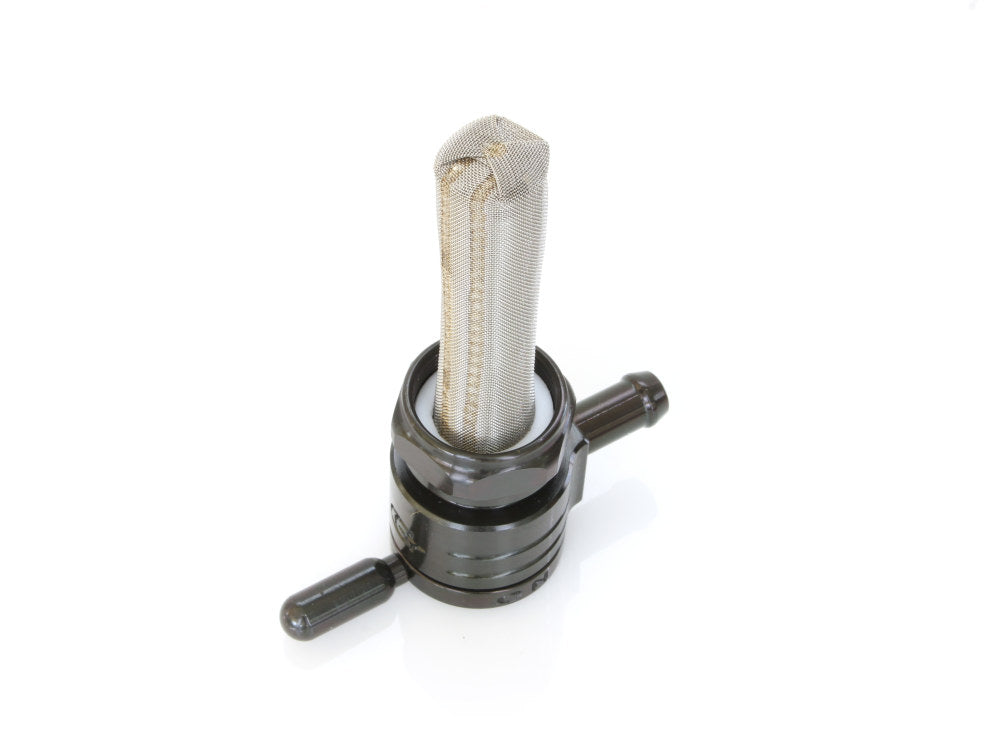 High-Flow Fuel Tap / Petcock with 22mm Thread & 5/16in. Inward Facing fuel Outlet - Black. Fits Softail 1984-2006, Dyna 1991-2006, FXR 1982-1994, Touring 1988-2006, Sportster 1975-2006 & 4Spd Big Twin 1975-1986