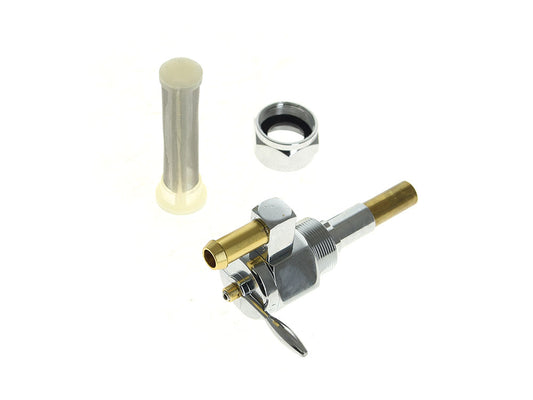 High-Flow Fuel Tap / Petcock with 22mm Thread, 5/16in. Downward Facing Fuel Outlet - Chrome. Fits Softail 1984-2006, Dyna 1991-2006, FXR 1982-1994, Touring 1988-2006, Sportster 1975-2006 & 4Spd Big Twin 1975-1986