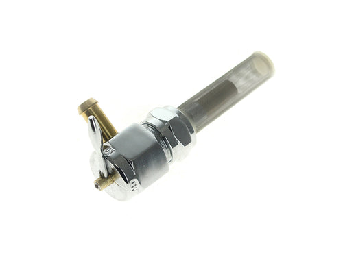 High-Flow Fuel Tap / Petcock with 22mm Thread, 5/16in. Forward Facing Fuel Outlet - Chrome. Fits Softail 1984-2006, Dyna 1991-2006, FXR 1982-1994, Touring 1988-2006, Sportster 1975-2006 & 4Spd Big Twin 1975-1986
