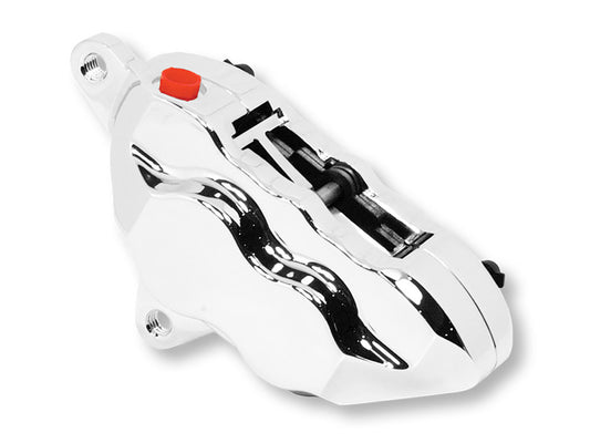 Left Hand Front 4 Piston Caliper - Chrome. Fits Softail 2015up, V-Rod 2006-2017, Touring 2008up & Sportster 2014-2021