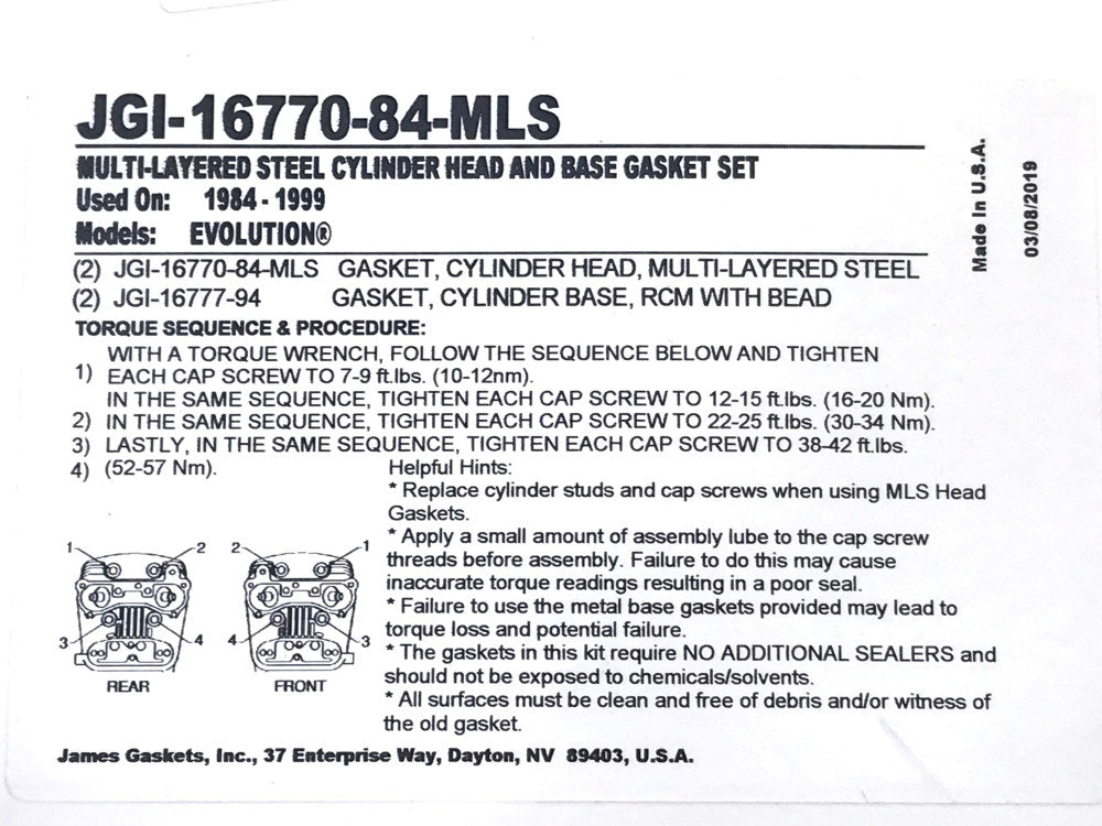 MLS Cylinder Head & Base Gasket Kit. Fits Big Twin 1984-1999 with Evo Engine.