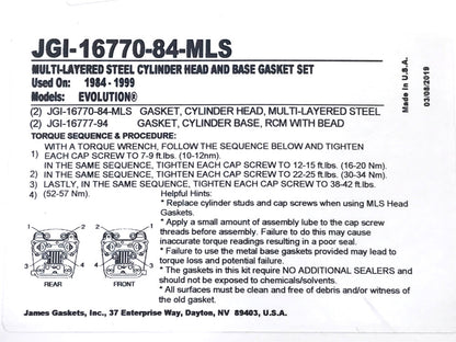 MLS Cylinder Head & Base Gasket Kit. Fits Big Twin 1984-1999 with Evo Engine.