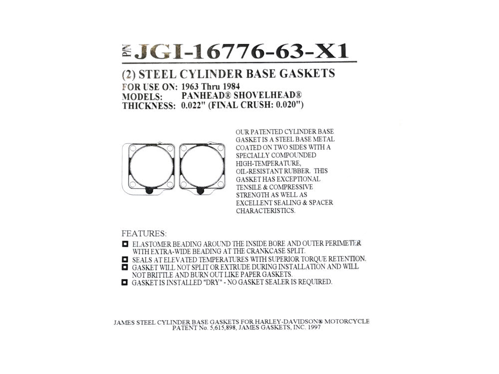 0.020in. Thick Cylinder Base Gaskets. Fits Big Twin 1963-1984.
