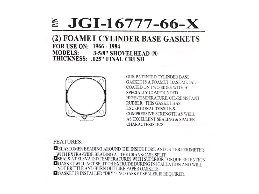 0.036in. Thick Cylinder Base Gaskets. Fits Big Twin 1966-1984 with Shovel Engine & 3-5/8in. Big Bore Cylinders.