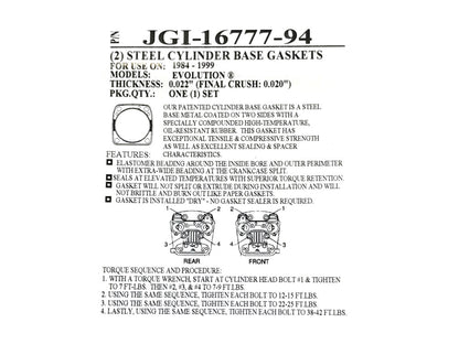 0.020in. Thick Cylinder Base Gaskets. Fits Evolution Big Twin 1984-1999.