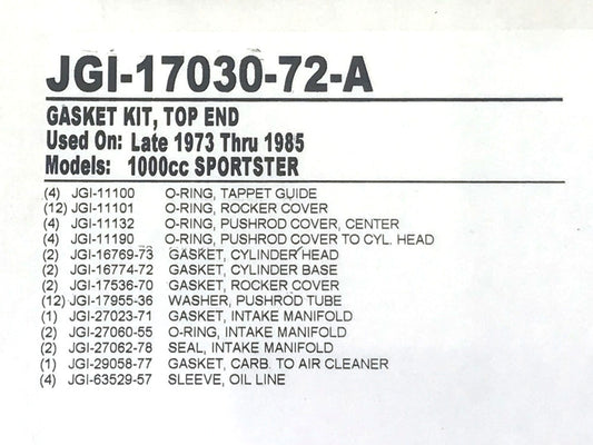 Top End Gasket Kit. Fits Sportster 1973-1985 with 1000cc Engine.