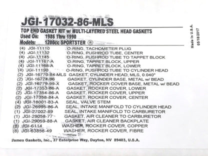 MLS Top End Gasket Kit. Fits Sportster 1986-1990 with 1200cc Engine.